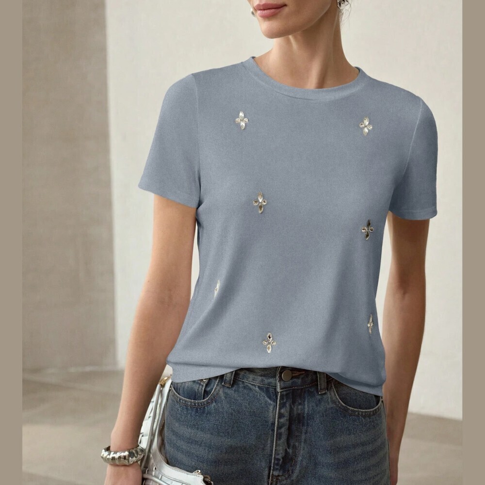 Dusty Mute Blue Gray Star Sparkle Applique Crew Neck Short Sleeve Tee